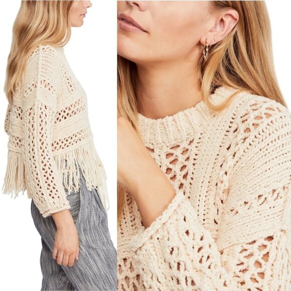 NWT Free People Higher Love Crochet Knit‎ Fringe Boho Sweater Size Medium Hippie - Picture 2 of 6